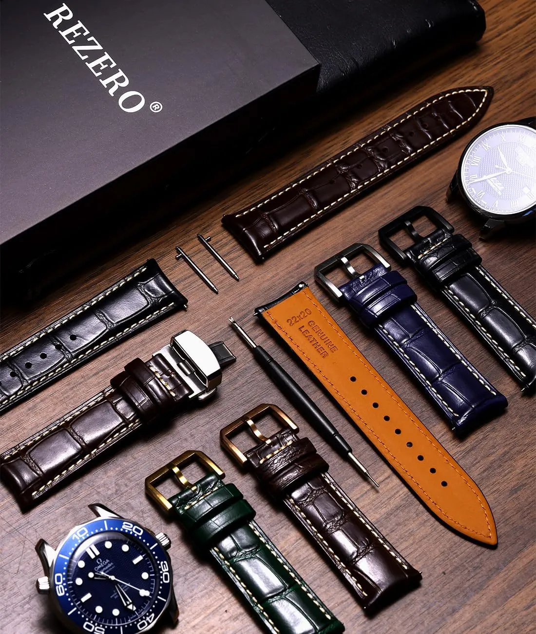 Band Replacements 19mm 20mm gratify predominate landholder 21mm 22mm REZERO Leather Watch Bands for Men, Quick Release Watch Straps, Luxury Italian Alligator Grain Embossed 