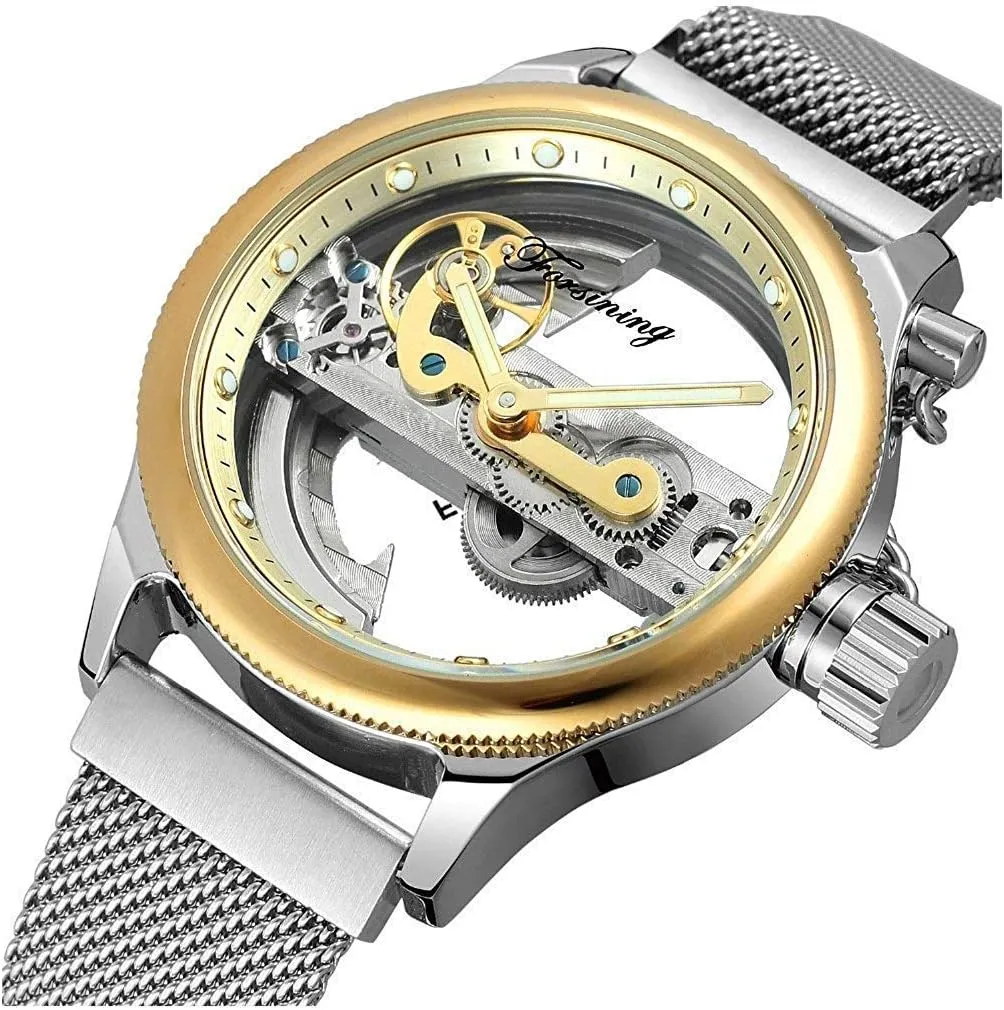 Band Skeleton Watch MASTOP Unique Design Mens Automatic Watch feminist scar Transparent Dial Silver Stainless Steel Mesh 