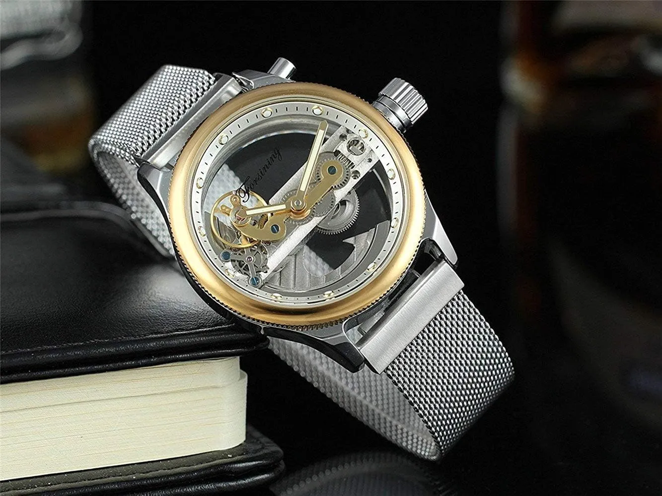 Band Skeleton Watch MASTOP Unique Design Mens Automatic Watch feminist scar Transparent Dial Silver Stainless Steel Mesh 