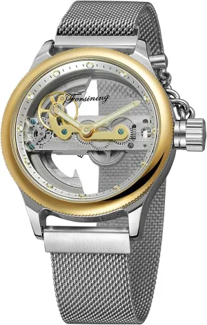 Band Skeleton Watch MASTOP Unique Design Mens Automatic Watch feminist scar Transparent Dial Silver Stainless Steel Mesh 