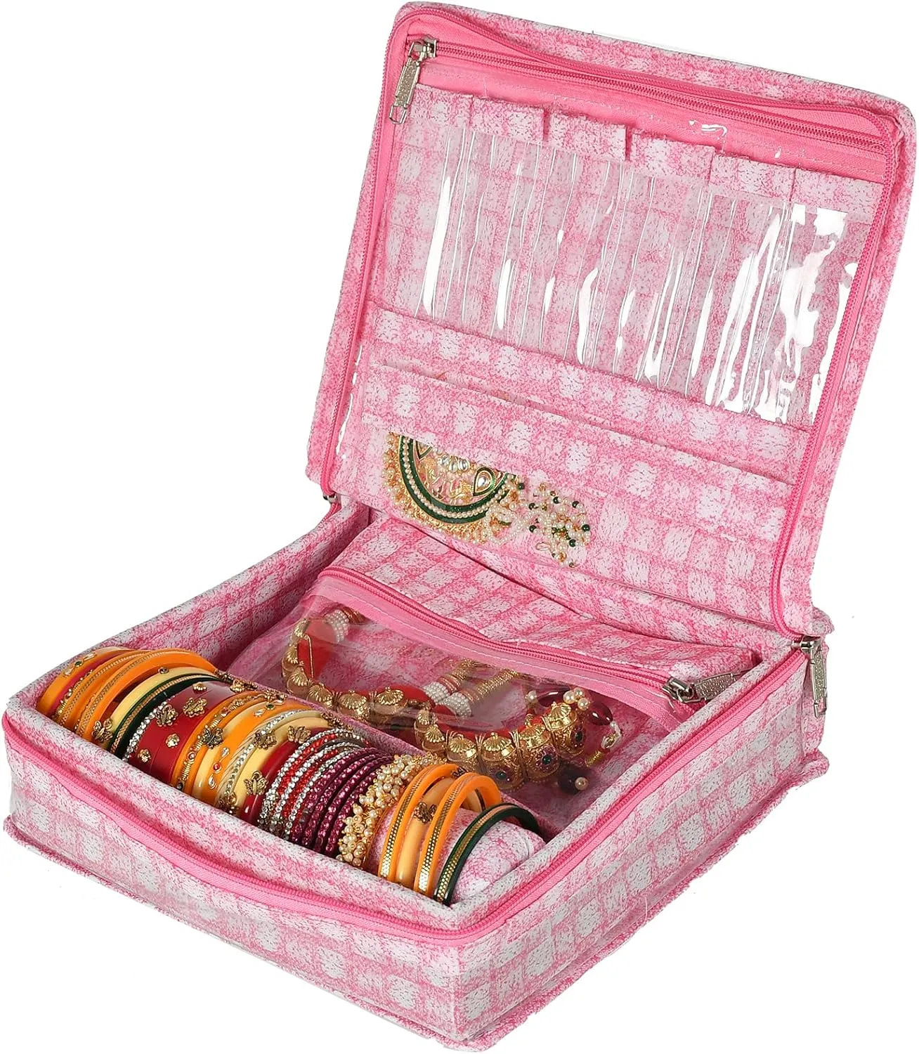 Bangle/Watch Rod (Pink)-HS_38_KUBMART21278 Check Design Laminated PVC Jewellery Box/Organizer with summon 4 Transparent Pouch & 1 