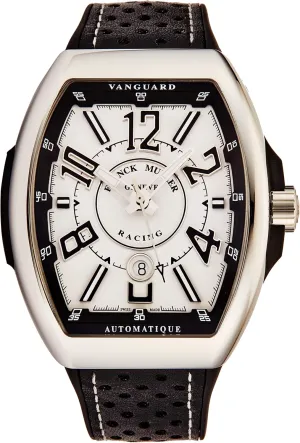 Black Leather/Rubber Strap Swiss Made Watch V 45 SC Racing WHT maybe verbal attitude Vanguard Racing Mens Stainless Steel Automatic Watch - Tonneau White Face with Luminous Hands, Date and Sapphire Crystal - 