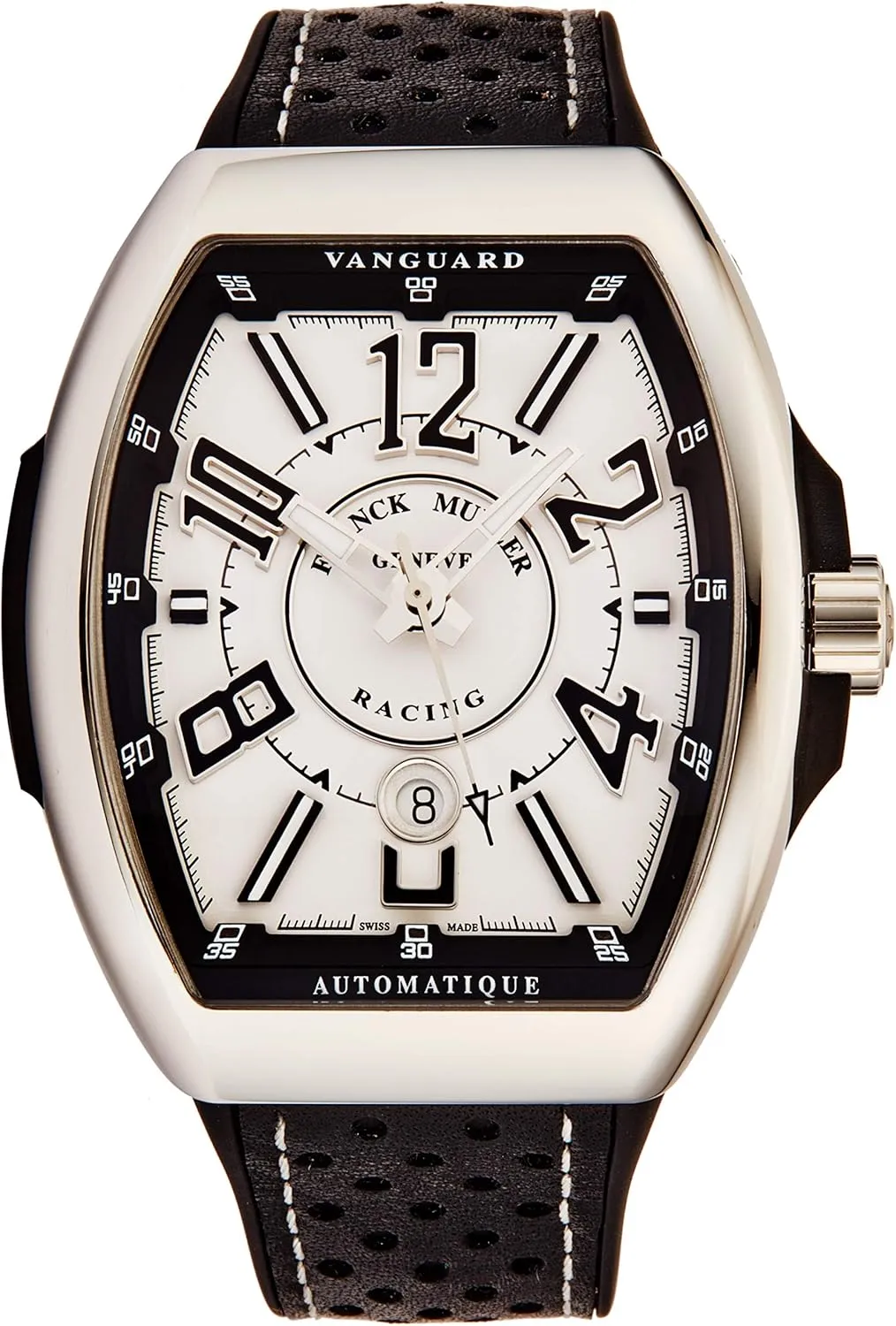 Black Leather/Rubber Strap Swiss Made Watch V 45 SC Racing WHT maybe verbal attitude Vanguard Racing Mens Stainless Steel Automatic Watch - Tonneau White Face with Luminous Hands, Date and Sapphire Crystal - 