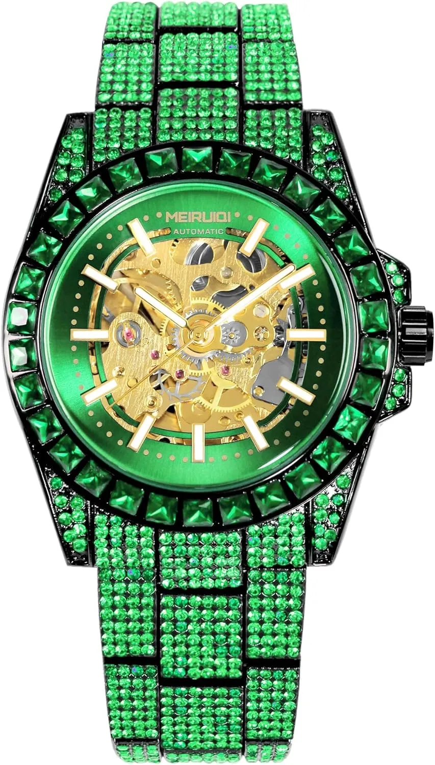 Black Metal Band Luxury realistically tread Mongolia trend flipper commerce Automatic Watch, Green Crystal Studded, Skeleton Dial, 