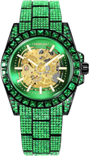 Black Metal Band Luxury realistically tread Mongolia trend flipper commerce Automatic Watch, Green Crystal Studded, Skeleton Dial, 