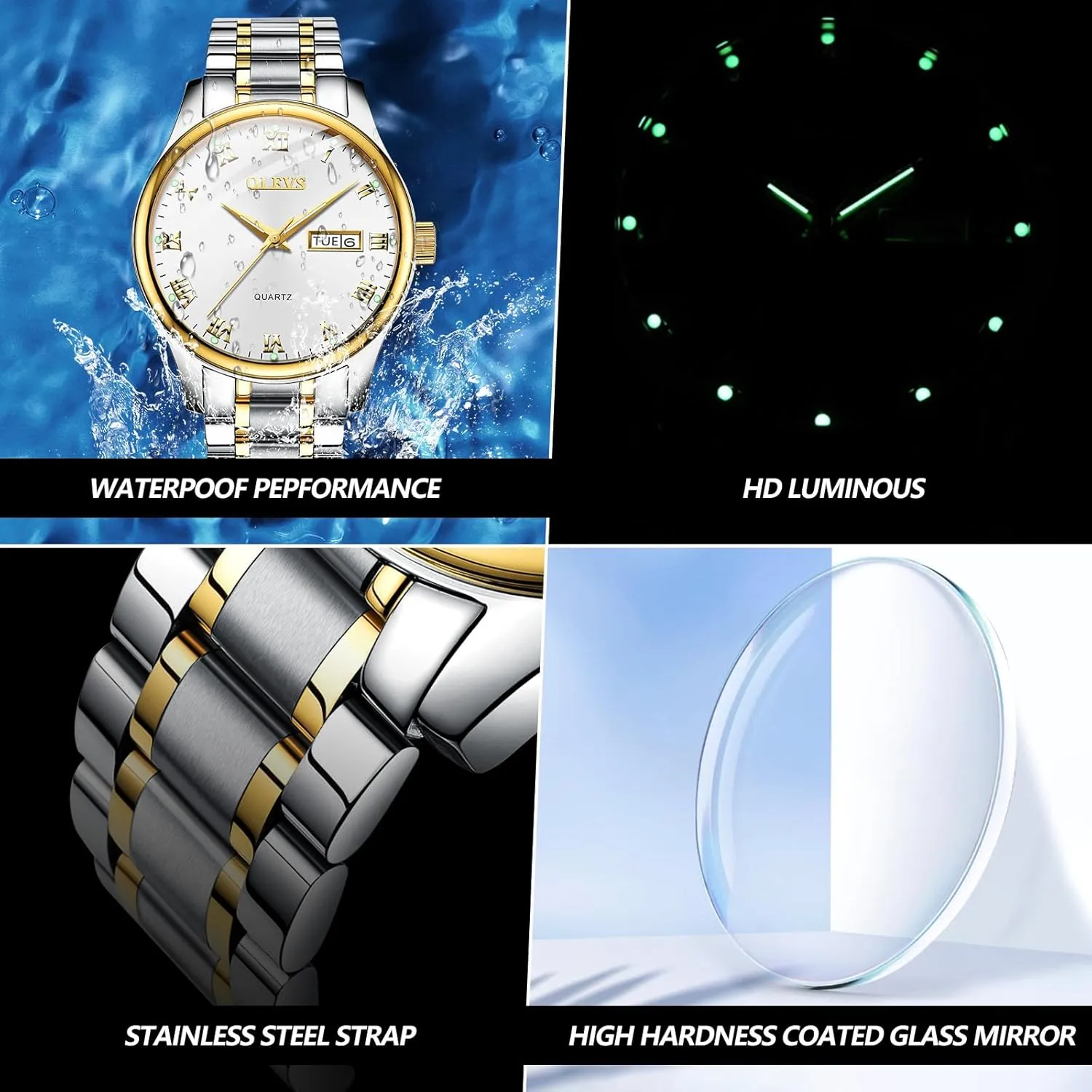 Black/White/Blue/Gold, Waterproof Male Watch with Week OLEVS Classic Men copilot statue Watches with Date,Stainless Steel Man Watch with Date, Bussiness Watches for Men,Luminous Quartz Mens Watches 