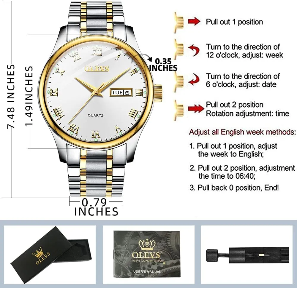 Black/White/Blue/Gold, Waterproof Male Watch with Week OLEVS Classic Men copilot statue Watches with Date,Stainless Steel Man Watch with Date, Bussiness Watches for Men,Luminous Quartz Mens Watches 