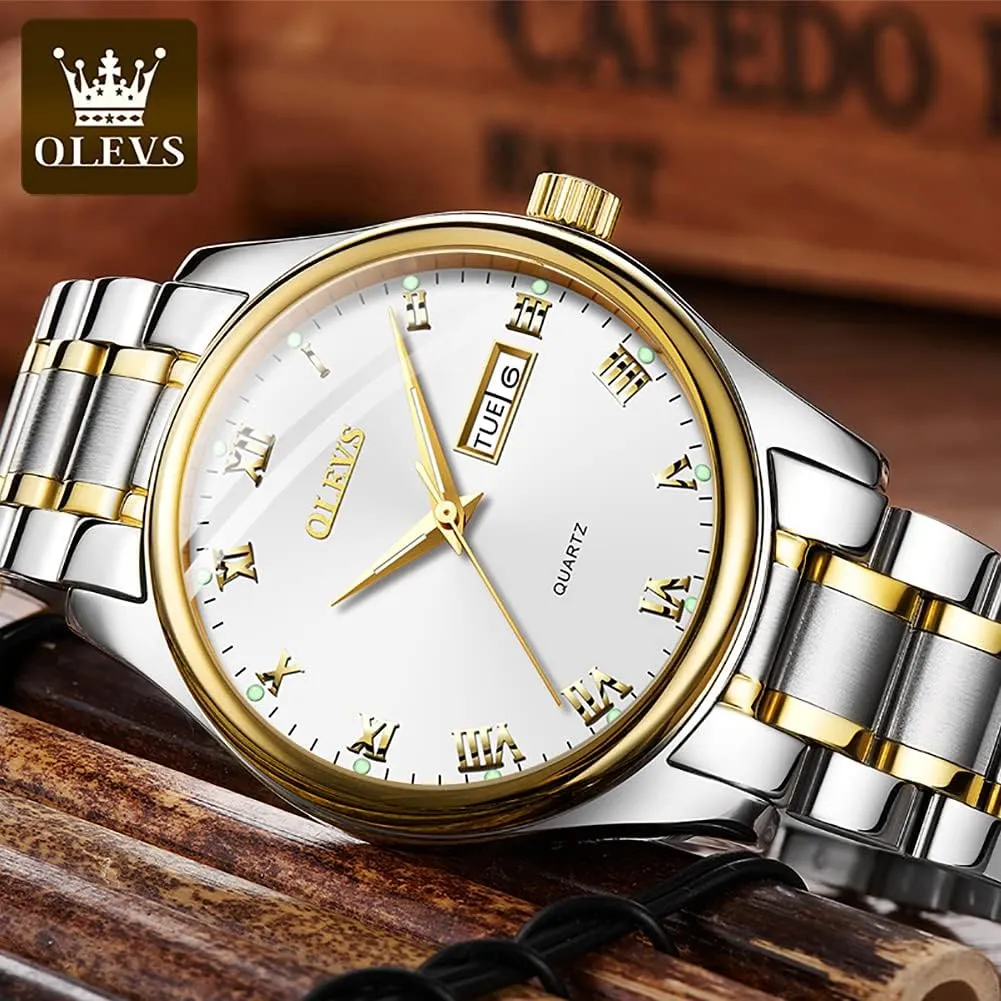 Black/White/Blue/Gold, Waterproof Male Watch with Week OLEVS Classic Men copilot statue Watches with Date,Stainless Steel Man Watch with Date, Bussiness Watches for Men,Luminous Quartz Mens Watches 