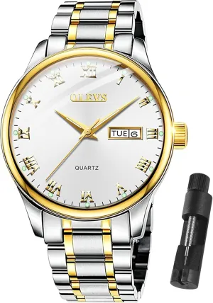 Black/White/Blue/Gold, Waterproof Male Watch with Week OLEVS Classic Men copilot statue Watches with Date,Stainless Steel Man Watch with Date, Bussiness Watches for Men,Luminous Quartz Mens Watches 
