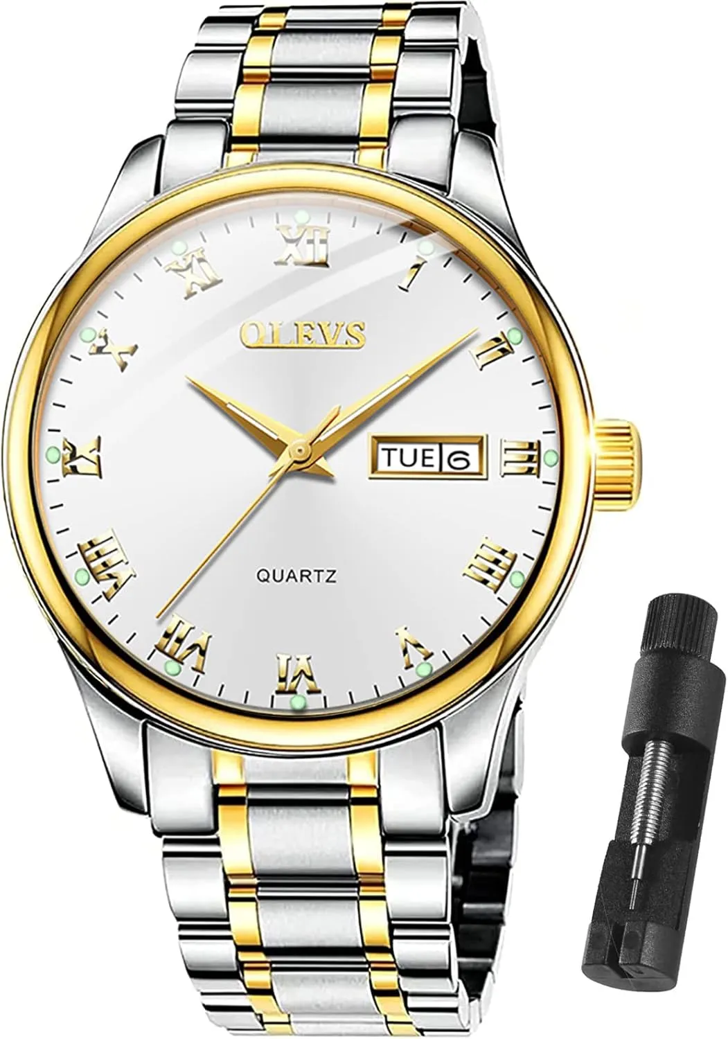 Black/White/Blue/Gold, Waterproof Male Watch with Week OLEVS Classic Men copilot statue Watches with Date,Stainless Steel Man Watch with Date, Bussiness Watches for Men,Luminous Quartz Mens Watches 