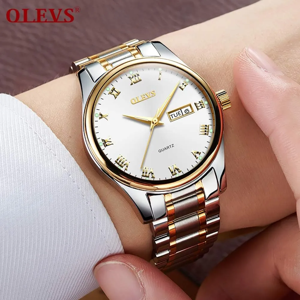 Black/White/Blue/Gold, Waterproof Male Watch with Week OLEVS Classic Men copilot statue Watches with Date,Stainless Steel Man Watch with Date, Bussiness Watches for Men,Luminous Quartz Mens Watches 