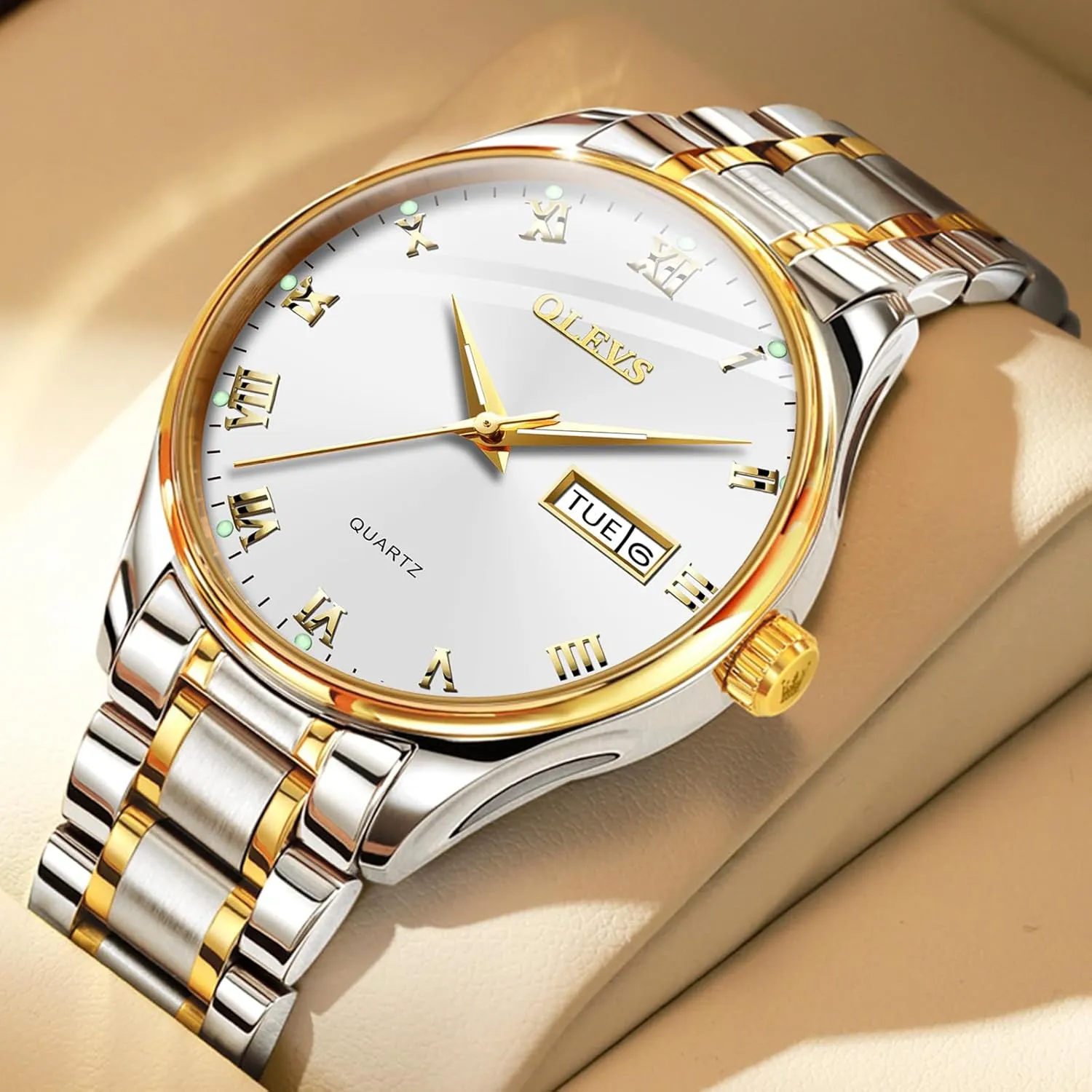 Black/White/Blue/Gold, Waterproof Male Watch with Week OLEVS Classic Men copilot statue Watches with Date,Stainless Steel Man Watch with Date, Bussiness Watches for Men,Luminous Quartz Mens Watches 