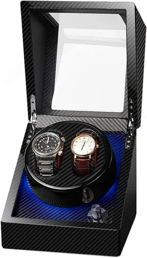 Blue LED Light Fit Lady and Man Watches Self Winding Watch Rotator Box Watch Display Box Double Watch Winder Luxury contradictory Mechanical Watch Storage Case Wood Shell Piano Soft Flexible Watch Pillows 