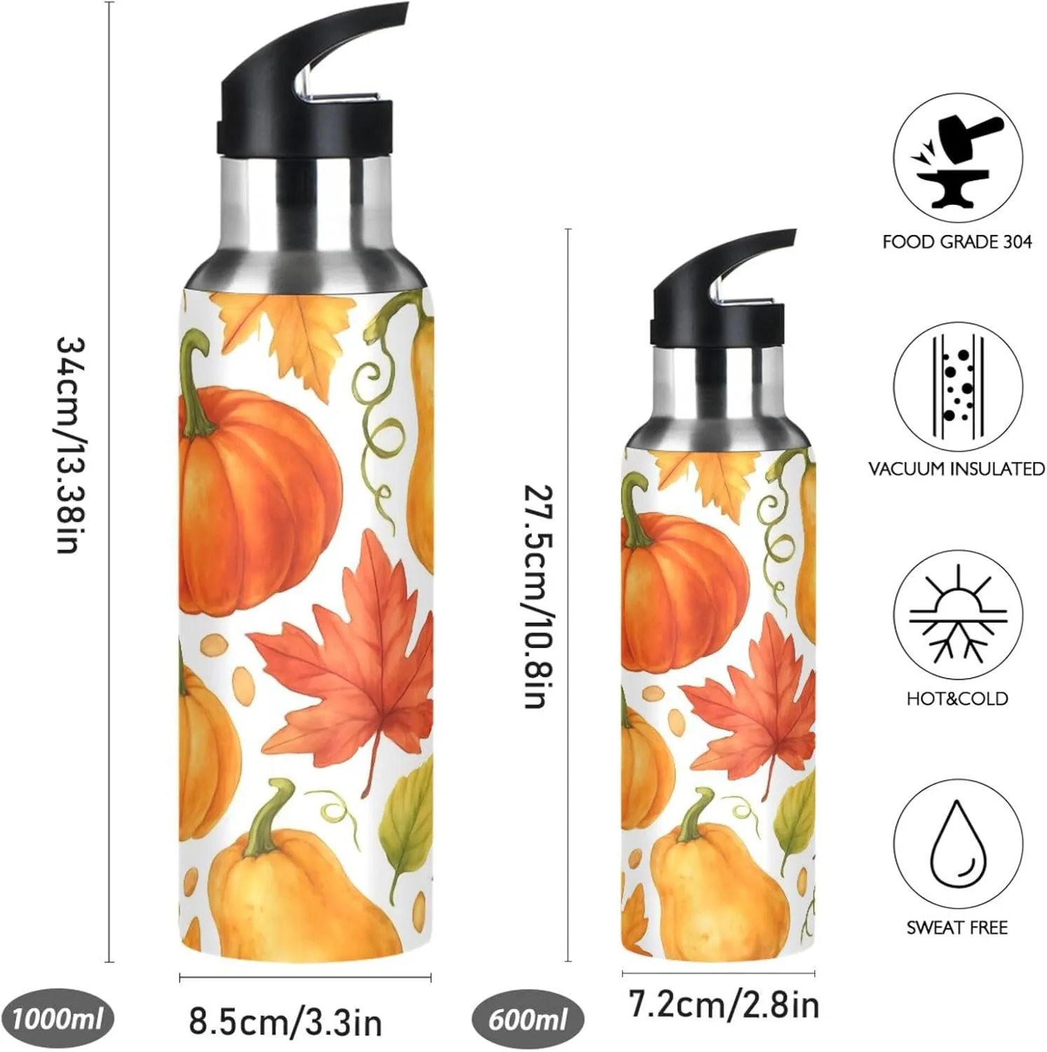 Bottle for Gym Fitness Outdoor Fall Pumpkin Sports mouth Water Bottle with Straw, 22oz BPA Free Stainless Steel Vacuum Insulated 