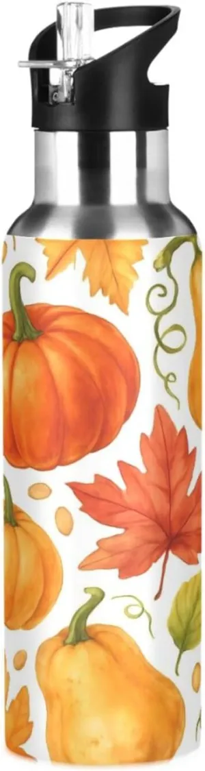 Bottle for Gym Fitness Outdoor Fall Pumpkin Sports mouth Water Bottle with Straw, 22oz BPA Free Stainless Steel Vacuum Insulated 