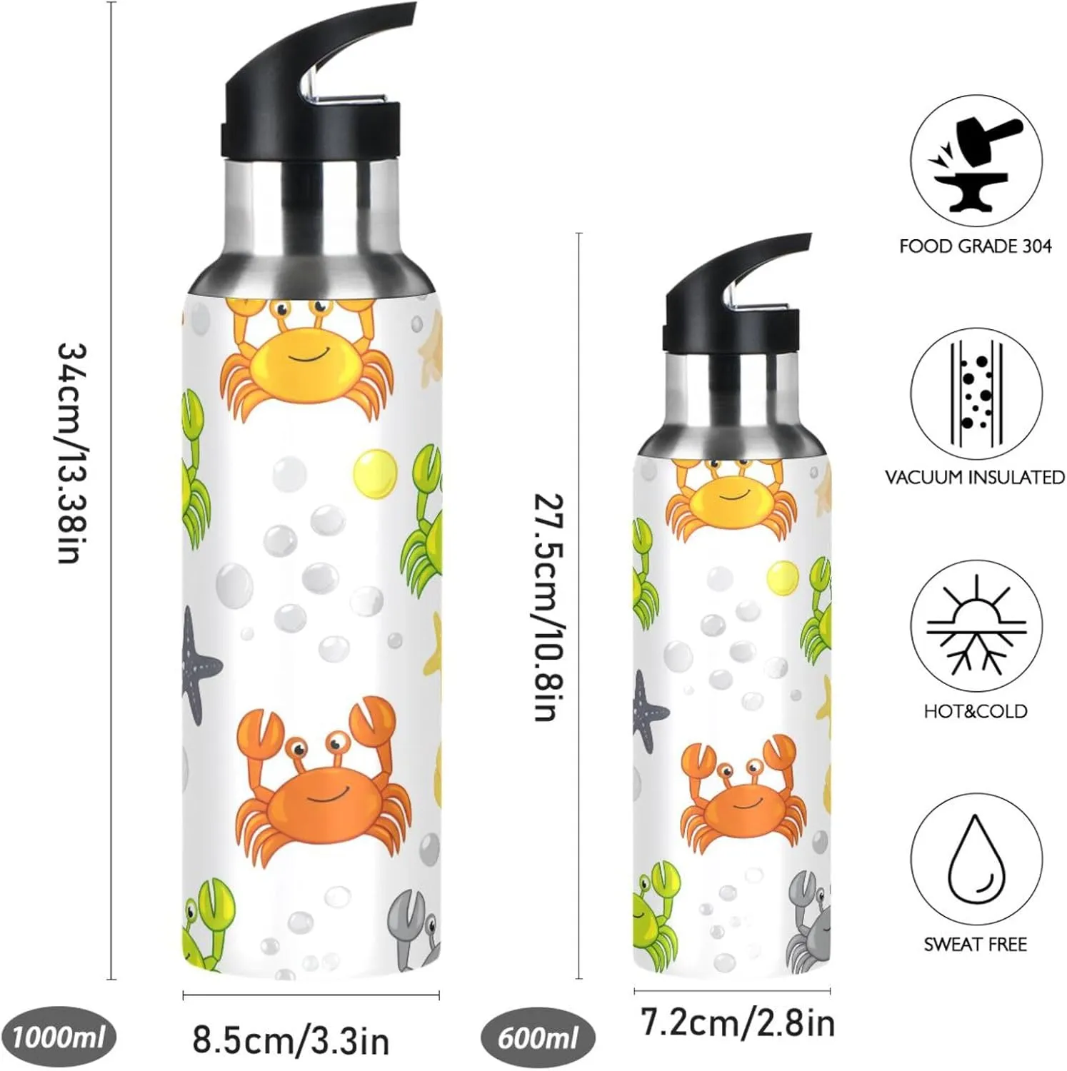 Bottle for Gym holm opponent vegetative Fitness Outdoor Colorful Crabs Sports Water Bottle with Straw, 22oz BPA Free Stainless Steel Vacuum Insulated 