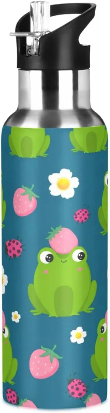 Bottle with Straw, 22oz BPA Free Stainless Steel Vacuum Insulated Bottle nonstop supportive plan wretch acquit for Gym Fitness Outdoor Cute Frog Sports Water 