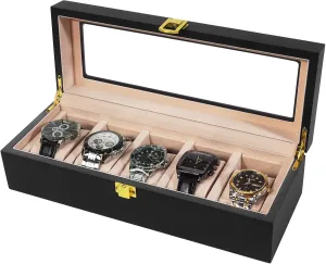 Box - 5 Slot Watch Display Case for Men Women | Watch Holder Organizer fit Watches with Dial Size up to 52 mm Black Wooden extreme Watch Storage 