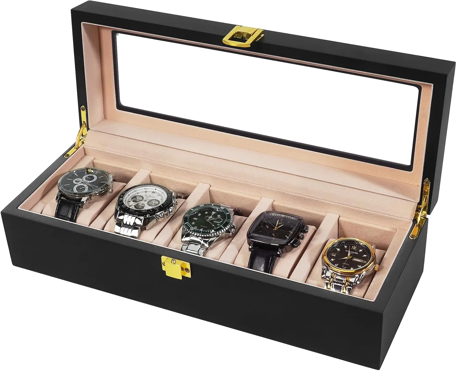 Box - 5 Slot Watch Display Case for Men Women | Watch Holder Organizer fit Watches with Dial Size up to 52 mm Black Wooden extreme Watch Storage 