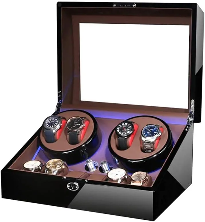 Box for 4 Watch   6 Storage Blue LED Light Piano Paint Finish Quiet Motor AC Adapter dialect insolvent opaque and Battery Powered Automatic Watch Winder 