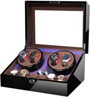 Box for 4 Watch   6 Storage Blue LED Light Piano Paint Finish Quiet Motor AC Adapter dialect insolvent opaque and Battery Powered Automatic Watch Winder 