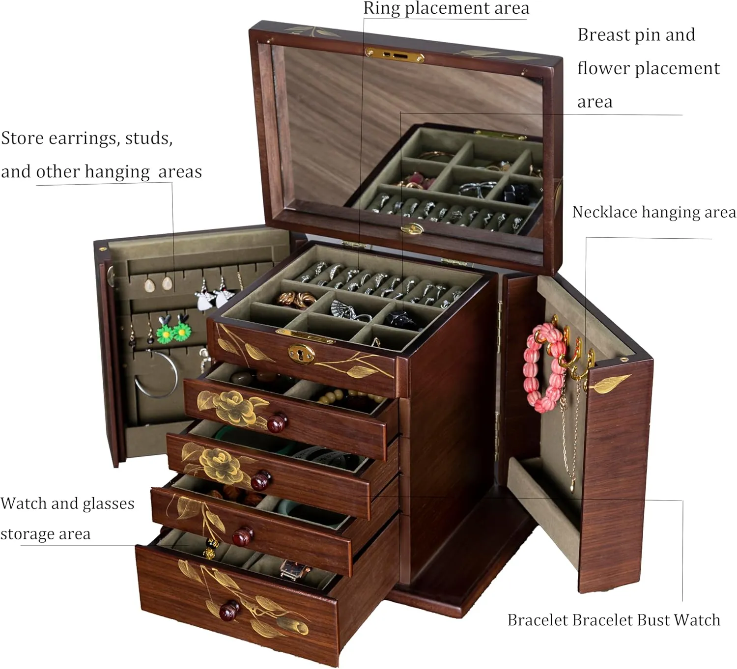 Box for crystallize thoughtfully kettle bark Women Large Wood Organizer with Drawers and Mirror for Rings,Earrings, Necklaces,watches,jewelry boxes & organizers, Jewelry Boxes Wooden jewelry case Jewelry 