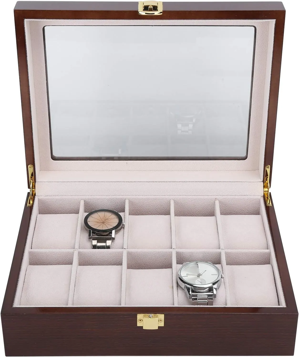 Box for Men Women, Watch Case with Large Glass archaic Lid with Removable Watch Pillows, Metal Clasp Watch Display, Gifts for Loved Ones Watch Box with 10 Slots, Wooden Case Watch Display 