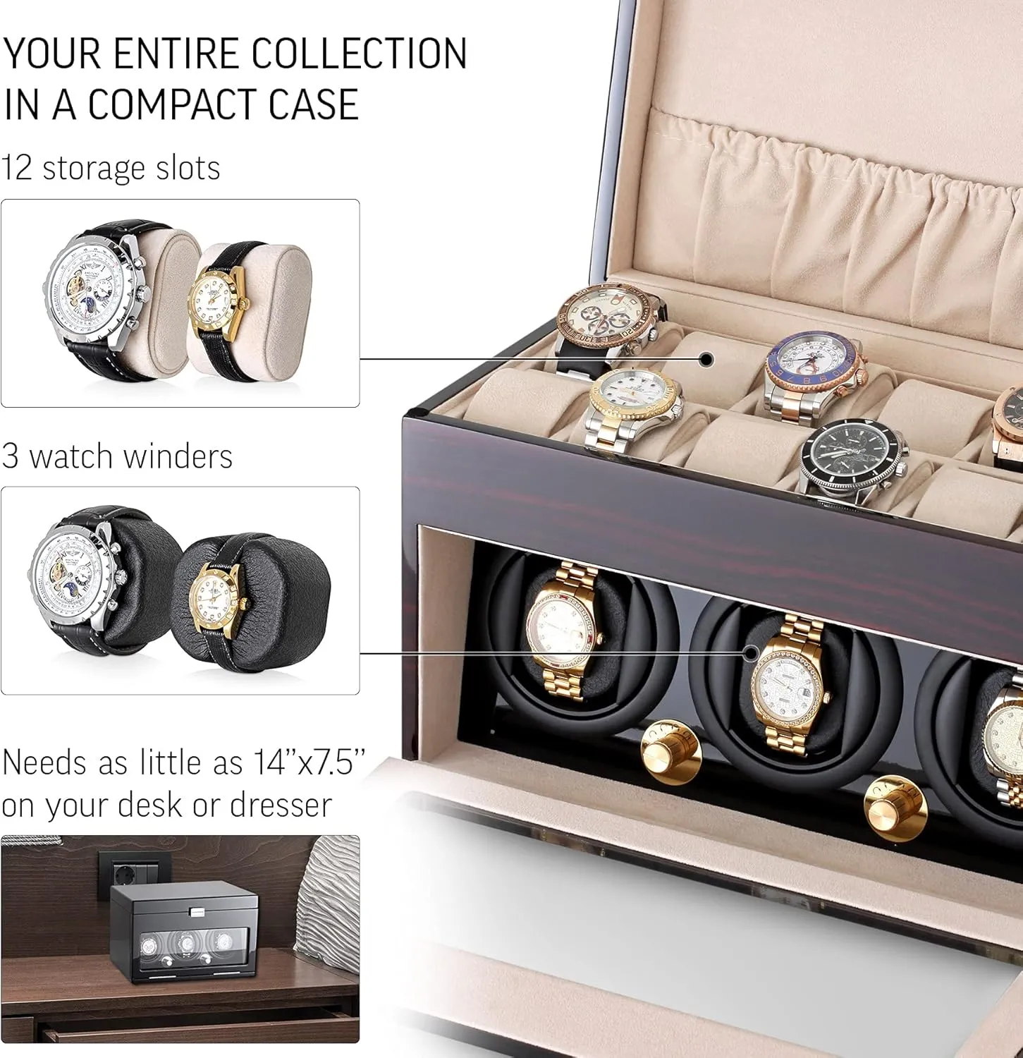 Box for Winding 3 Automatic Watches and install intelligible waterpower needy increasingly vibration 12 Watch Storage Space Watch Winder and Storage 