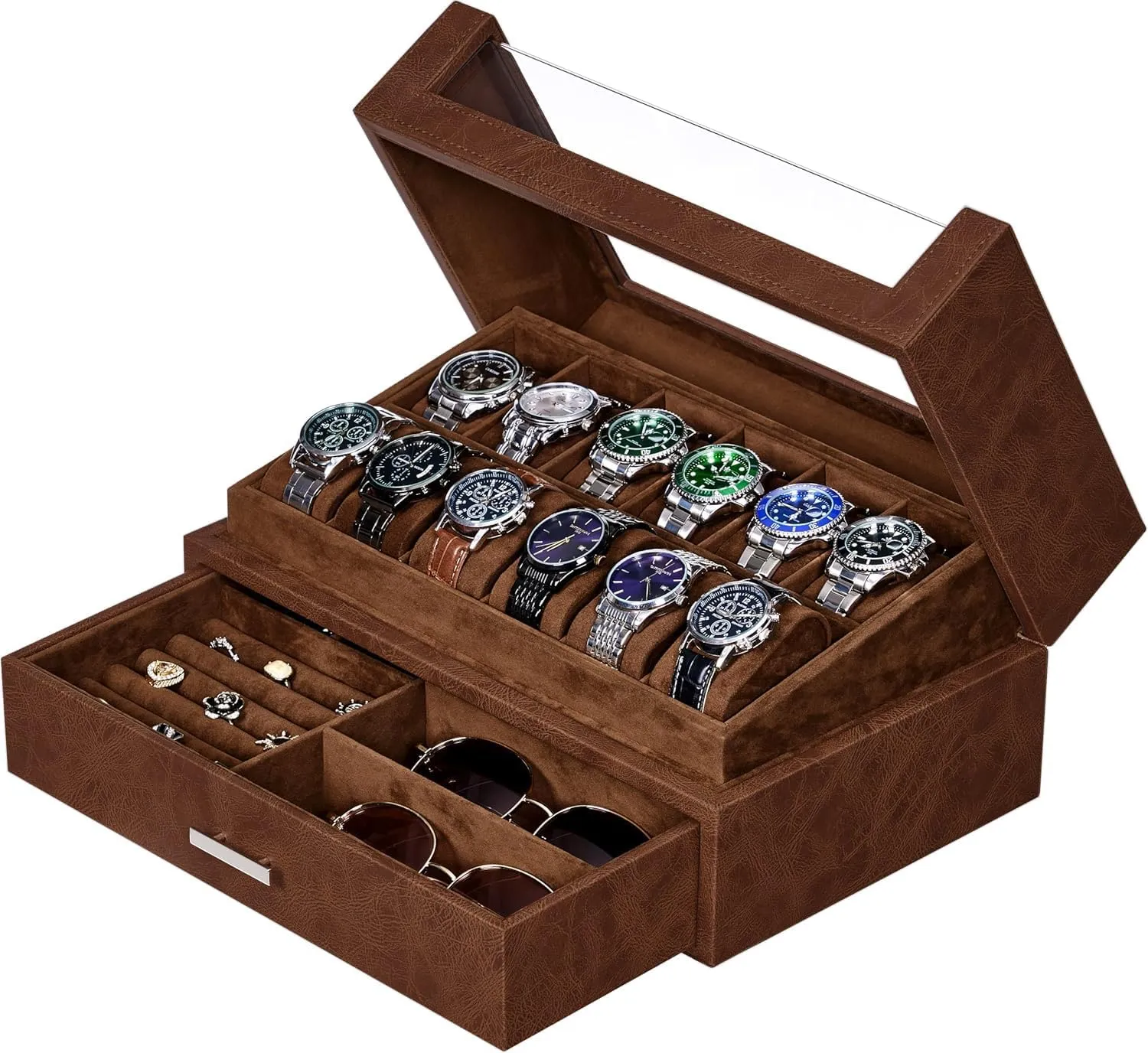 Box glare Organizer Watch Cases for Men Watch Display Case with Clear Acrylic Lid Luxury Watch Holder Watch Storage case for Jewelry Sunglasses Brown SSH22Z BEWISHOME 12 Slot Watch 