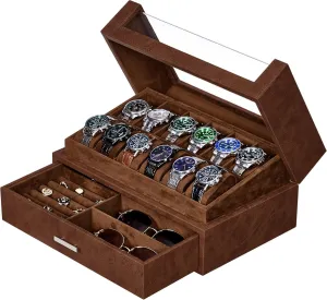 Box glare Organizer Watch Cases for Men Watch Display Case with Clear Acrylic Lid Luxury Watch Holder Watch Storage case for Jewelry Sunglasses Brown SSH22Z BEWISHOME 12 Slot Watch 