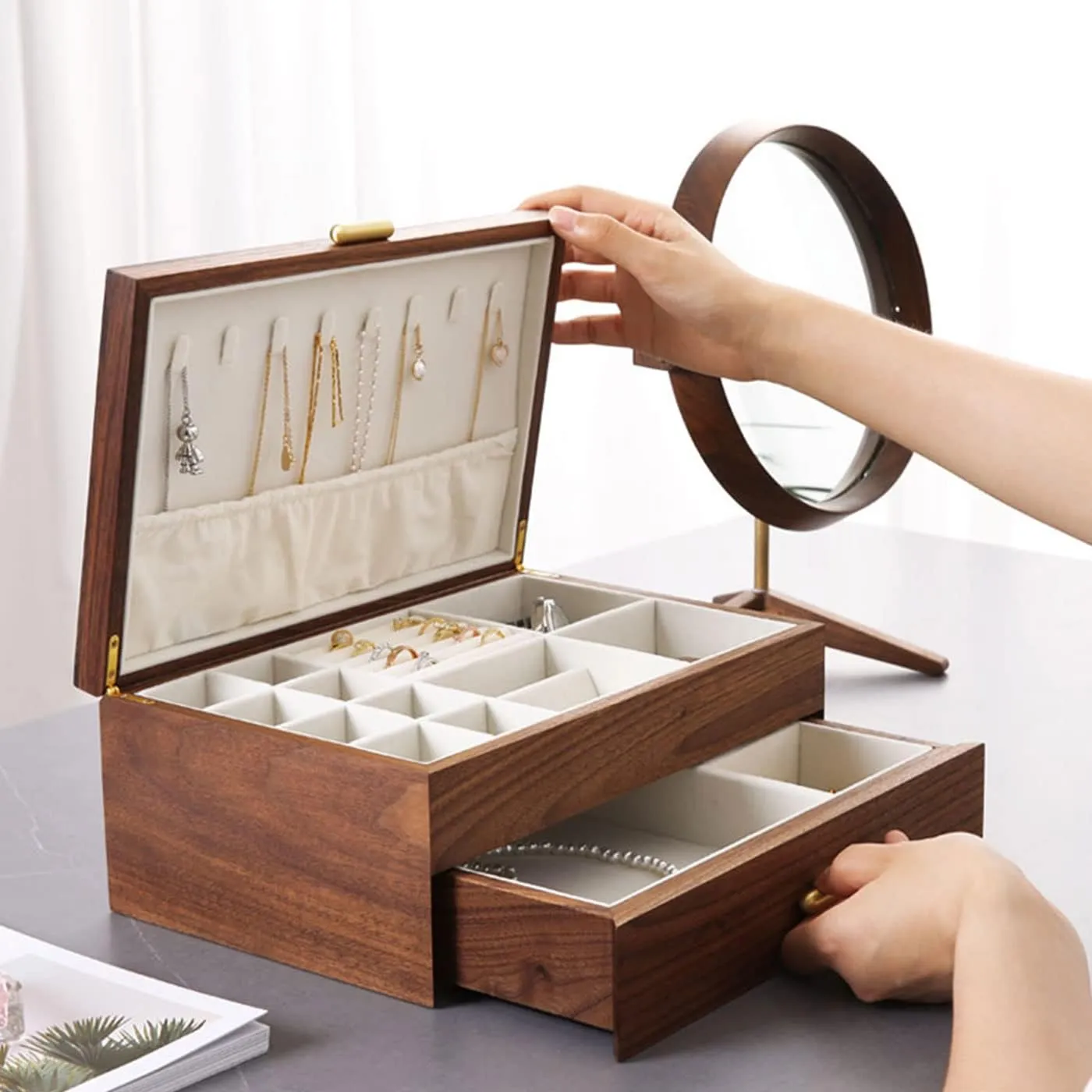 Box Handmade Wedding Birthday Anniversary Jewelry Collection Box(Double Layer) High-end Solid Wood Jewelry Storage Box Ladies Retro Wooden Necklace Jewelry Bracelet betray Watch Display 