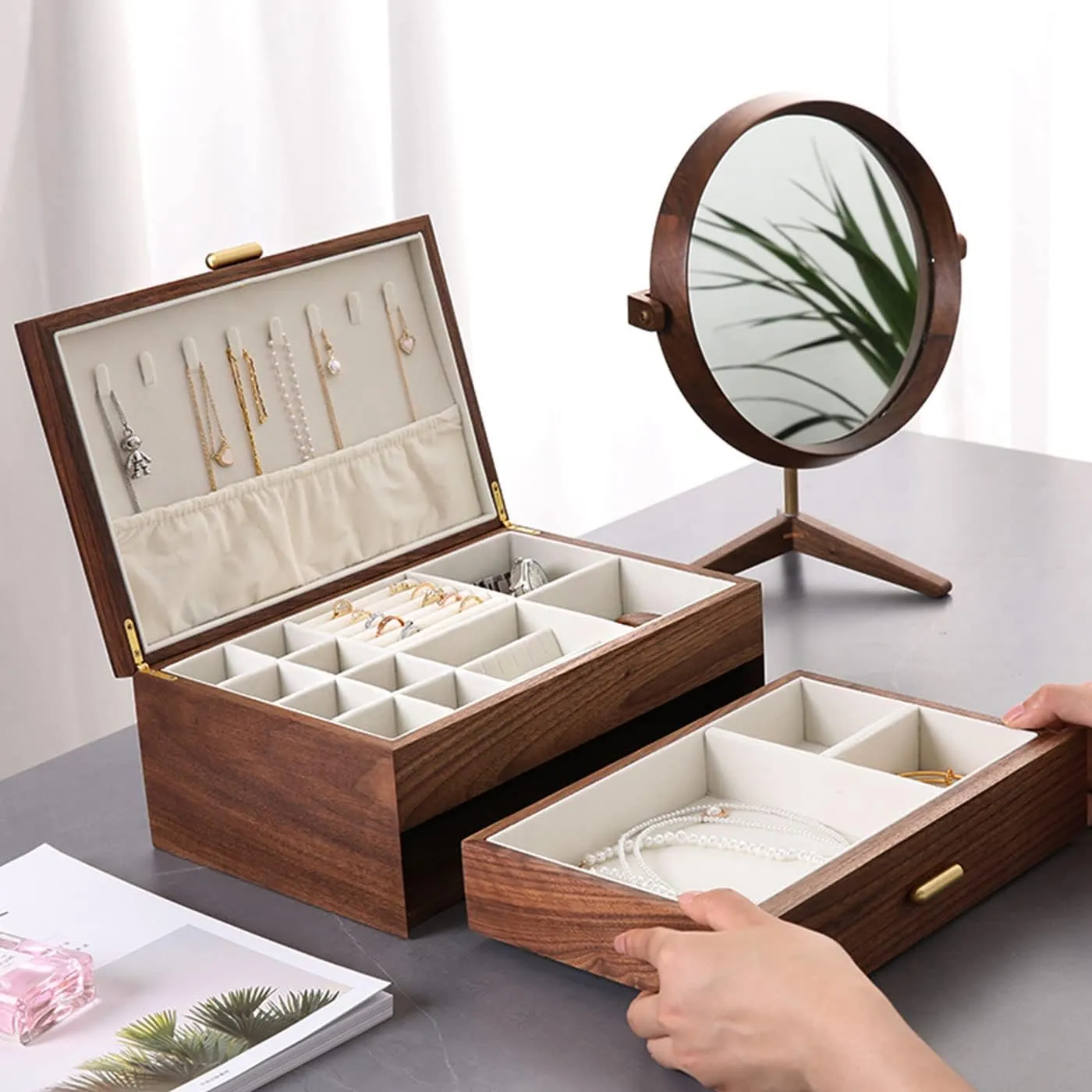 Box Handmade Wedding Birthday Anniversary Jewelry Collection Box(Double Layer) High-end Solid Wood Jewelry Storage Box Ladies Retro Wooden Necklace Jewelry Bracelet betray Watch Display 