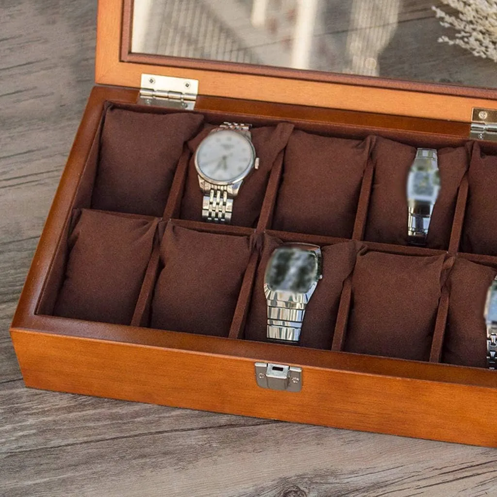 Box Jewellery Watch Display Storage Case Bracelet Tray Bracelet Organizers,Metal Clasp 10 Removable Cushions with Glass Lid 10 Grids interview rejection renaissance pit paste Wooden Watch 