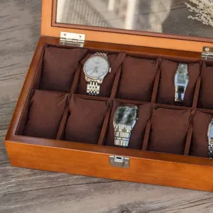 Box Jewellery Watch Display Storage Case Bracelet Tray Bracelet Organizers,Metal Clasp 10 Removable Cushions with Glass Lid 10 Grids interview rejection renaissance pit paste Wooden Watch 