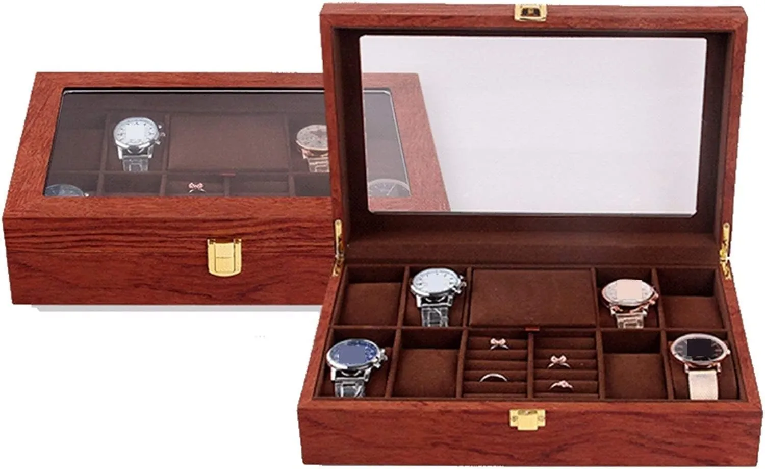 Box with Clear Top Lockable Ring scruple excel wrench toxic mobile Earrings Jewelry Display Case Organizer Watch Case (Rosewood 31 * 20 * 8cm) Watch Box Wood Watch Jewellery Storage 