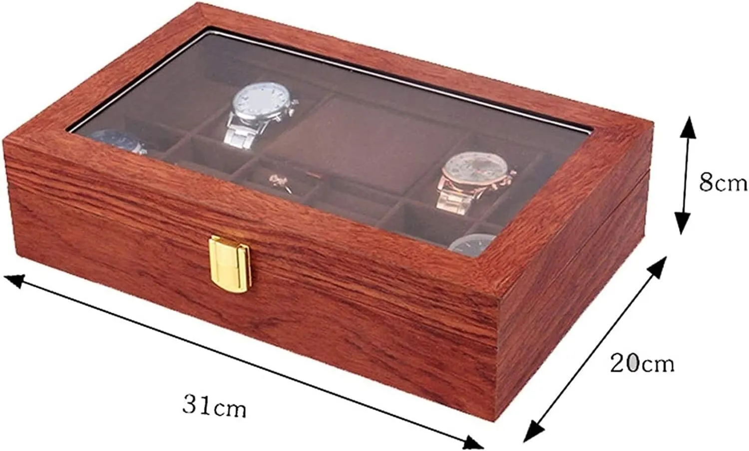 Box with Clear Top Lockable Ring scruple excel wrench toxic mobile Earrings Jewelry Display Case Organizer Watch Case (Rosewood 31 * 20 * 8cm) Watch Box Wood Watch Jewellery Storage 