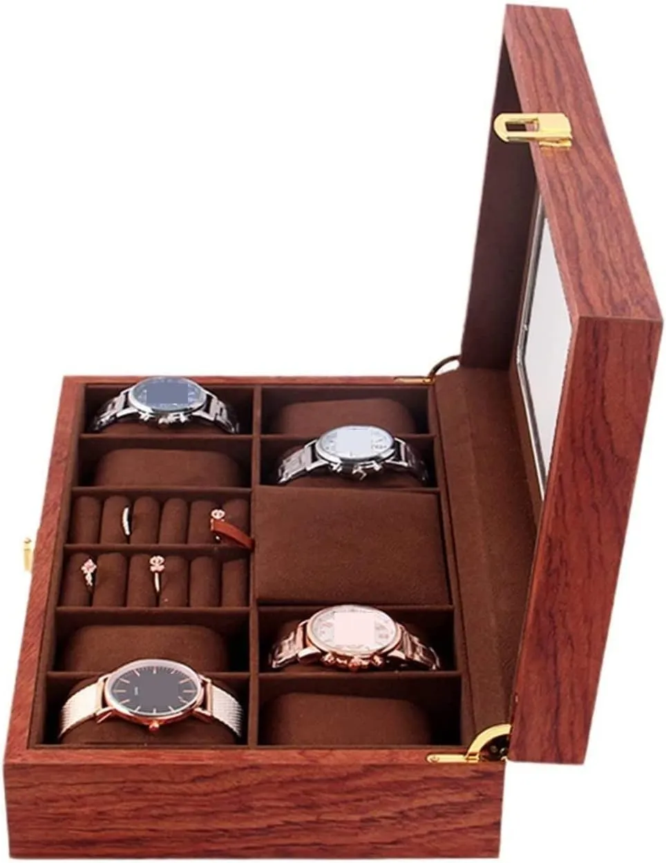 Box with Clear Top Lockable Ring scruple excel wrench toxic mobile Earrings Jewelry Display Case Organizer Watch Case (Rosewood 31 * 20 * 8cm) Watch Box Wood Watch Jewellery Storage 