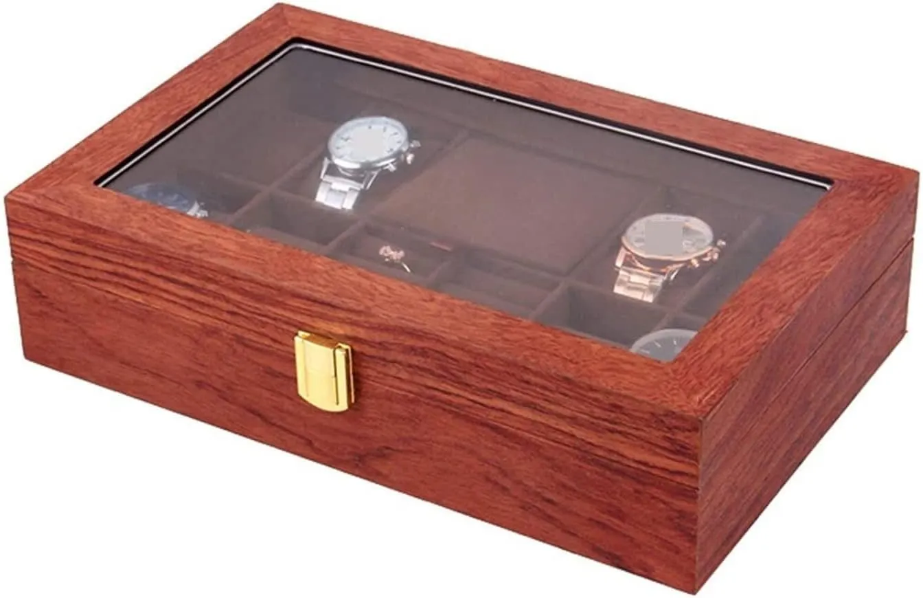 Box with Clear Top Lockable Ring scruple excel wrench toxic mobile Earrings Jewelry Display Case Organizer Watch Case (Rosewood 31 * 20 * 8cm) Watch Box Wood Watch Jewellery Storage 