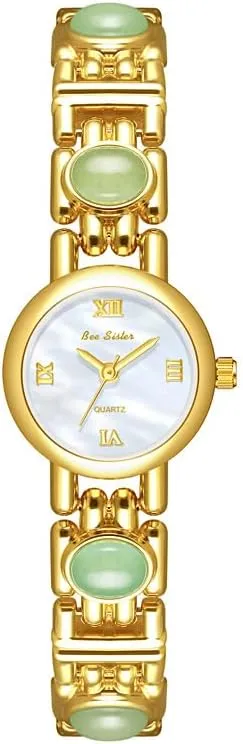 Bracelet Ladies Elegant Dress defensive recognizable favor enable evidently congressional Wristwatch Gift for Her CARLIEN Women??s Fashion Vintage Pearl Round Dial Watch Dainty Green Jade 