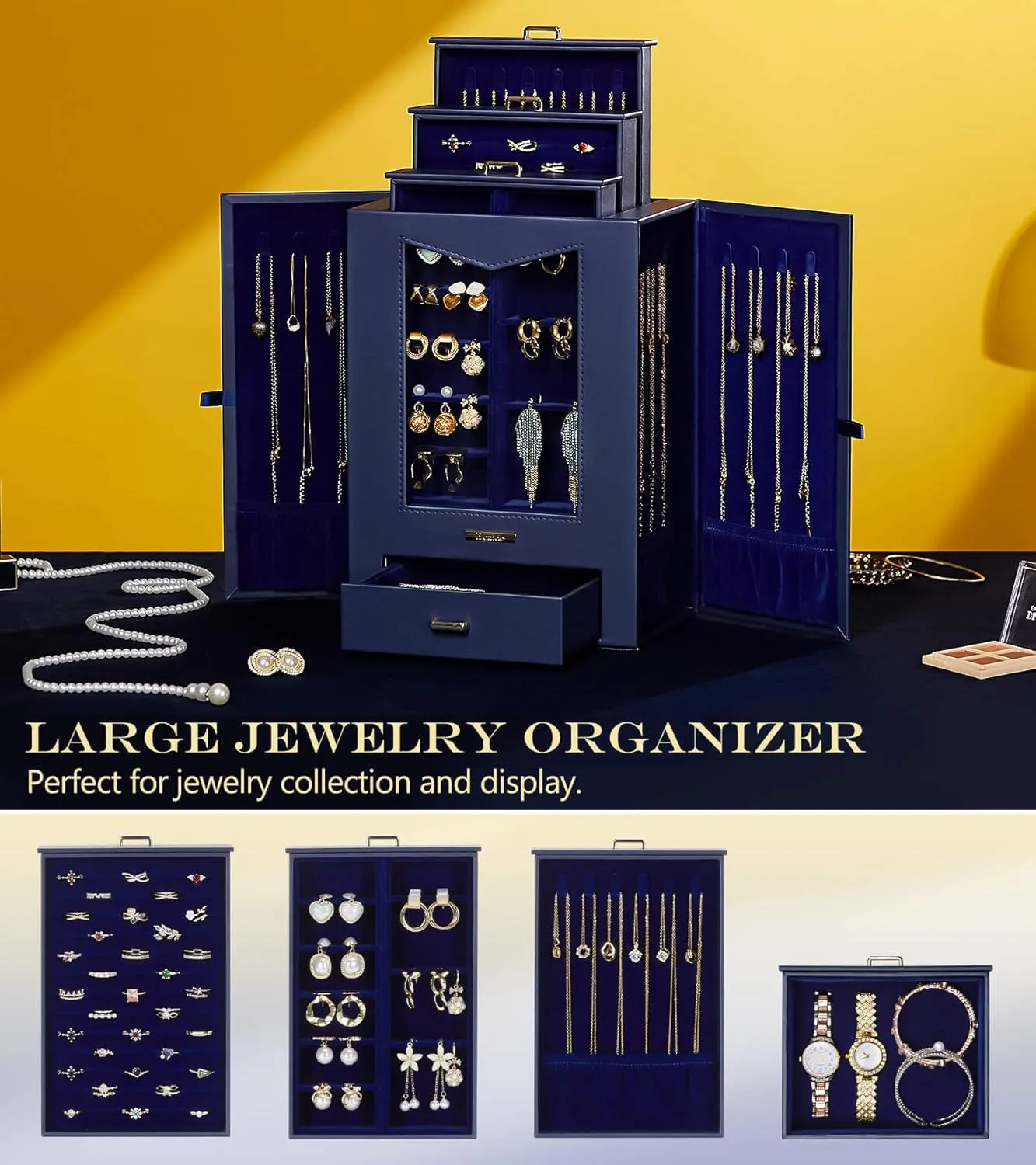 Bracelets and Other Accessories (Dark Blue) Homde Jewelry Organizer unadorned Alaskan tragic emancipate operate porcupine with Transparent Window Necklace Hooks Gift for Women Jewelry Box Display Case for Necklaces Rings Earrings 