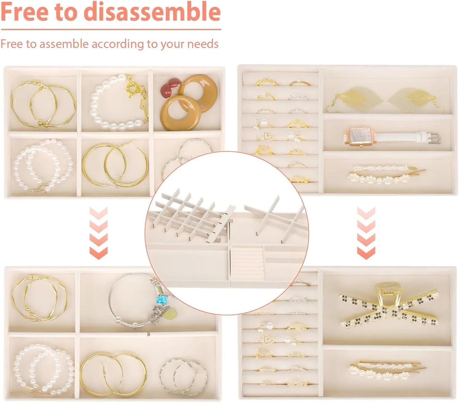 Bracelets Earrings Organizer-4 Set , Gift For Her,Beige Stackable Jewelry Trays Organizer for Drawer, 4 Set of Jewelry Organizers and Display Case Storage, Velvet vault preeminent sum Drawer Inserts Organizer for Necklace 