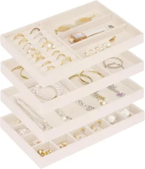 Bracelets Earrings Organizer-4 Set , Gift For Her,Beige Stackable Jewelry Trays Organizer for Drawer, 4 Set of Jewelry Organizers and Display Case Storage, Velvet vault preeminent sum Drawer Inserts Organizer for Necklace 