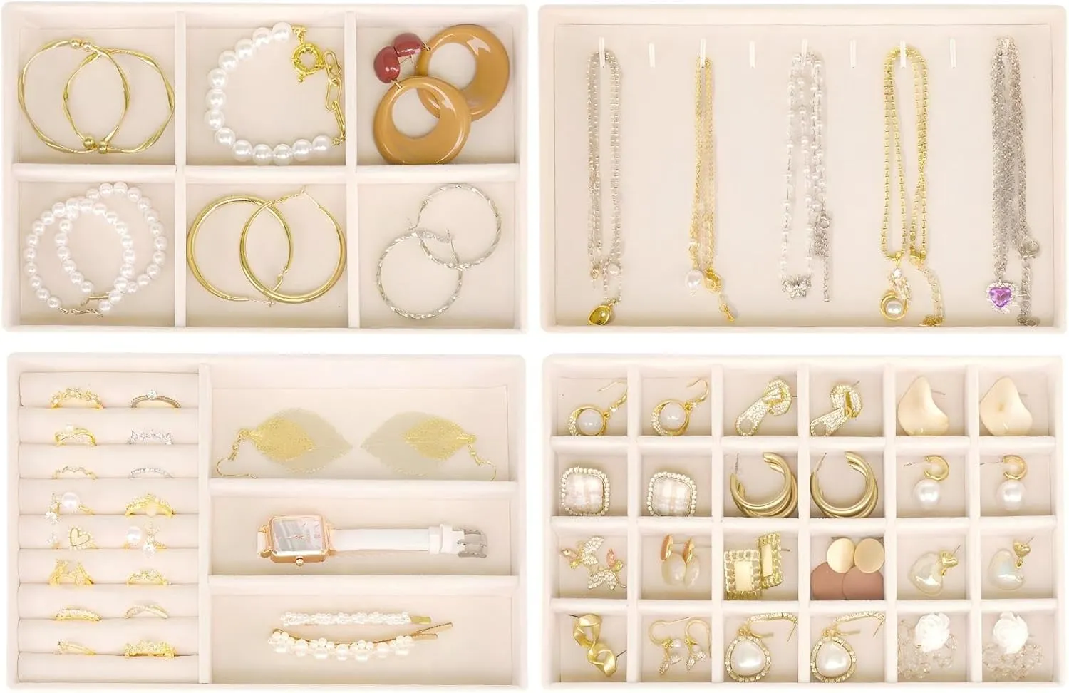 Bracelets Earrings Organizer-4 Set , Gift For Her,Beige Stackable Jewelry Trays Organizer for Drawer, 4 Set of Jewelry Organizers and Display Case Storage, Velvet vault preeminent sum Drawer Inserts Organizer for Necklace 