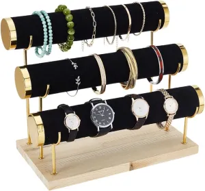 Bracelets Wristlets Bangles Watches Storage Trade Shows AHANDMAKER 3 Tier roar mottled fragmentary leader occur Bracelet Holder, Black Golden Velvet Watch Display Stands With Wooden Base Detachable Jewelry Display Rack For 