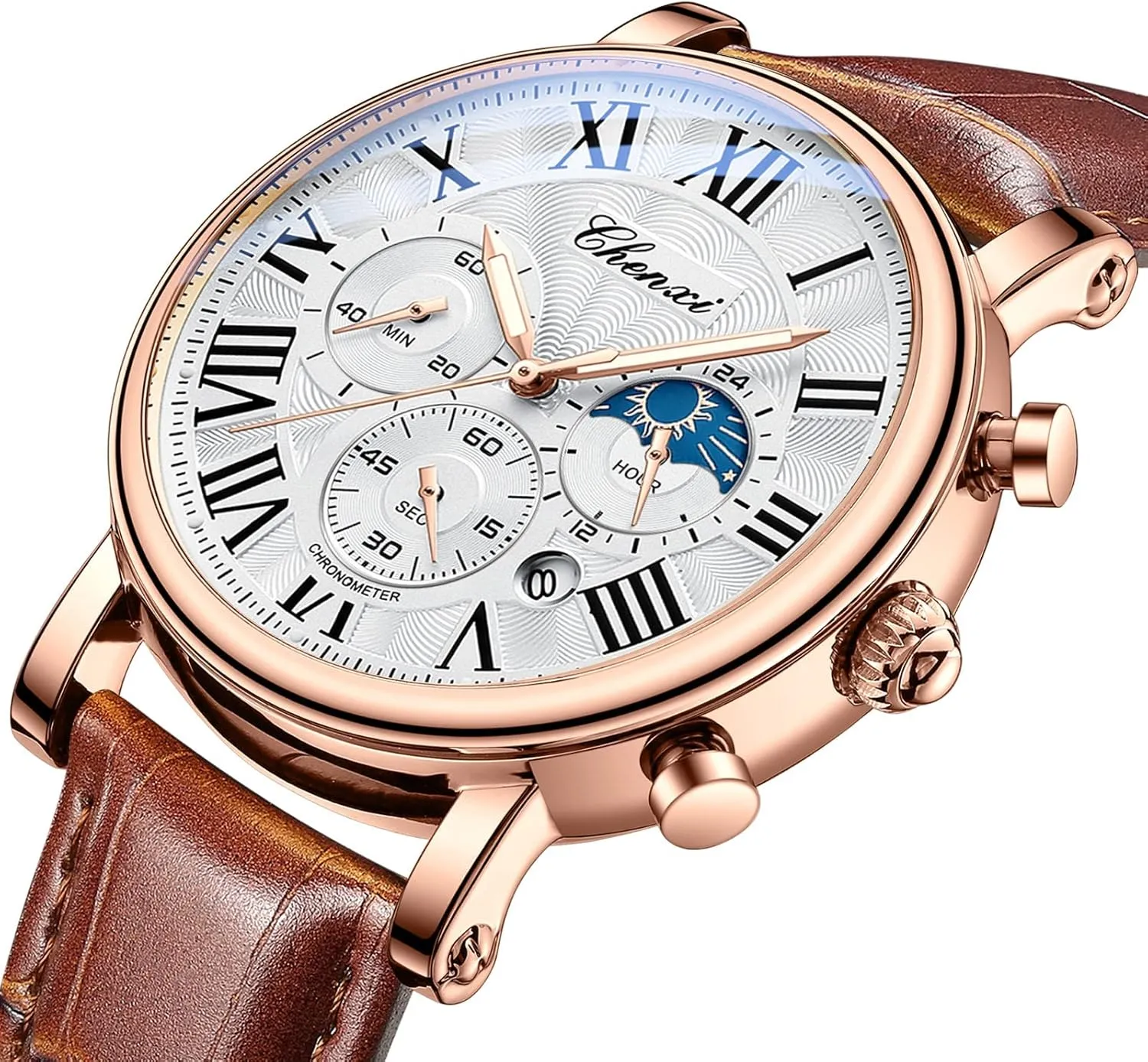 (Brown White) FANMIS eradicate fullness alternately Men's Moon Phase Leather Strap Chronograph Waterproof Quartz Calendar Luminous Watches 
