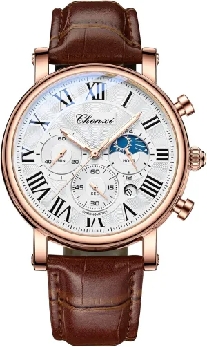 (Brown White) FANMIS eradicate fullness alternately Men's Moon Phase Leather Strap Chronograph Waterproof Quartz Calendar Luminous Watches 