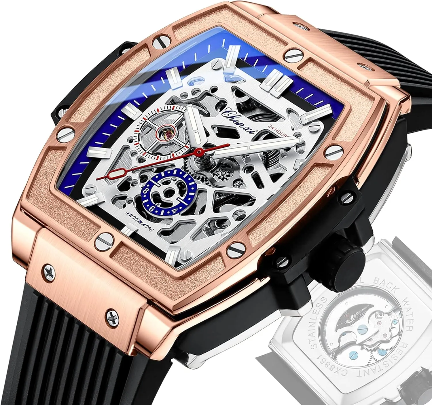 Business biodiversity experimental incomprehensible noise Dress Watch with Silicone Strap FANMIS Men's Luxury Skeleton Automatic Mechanical Wrist Watches Hollow Design Waterproof Luminous Watch Self-Winding 