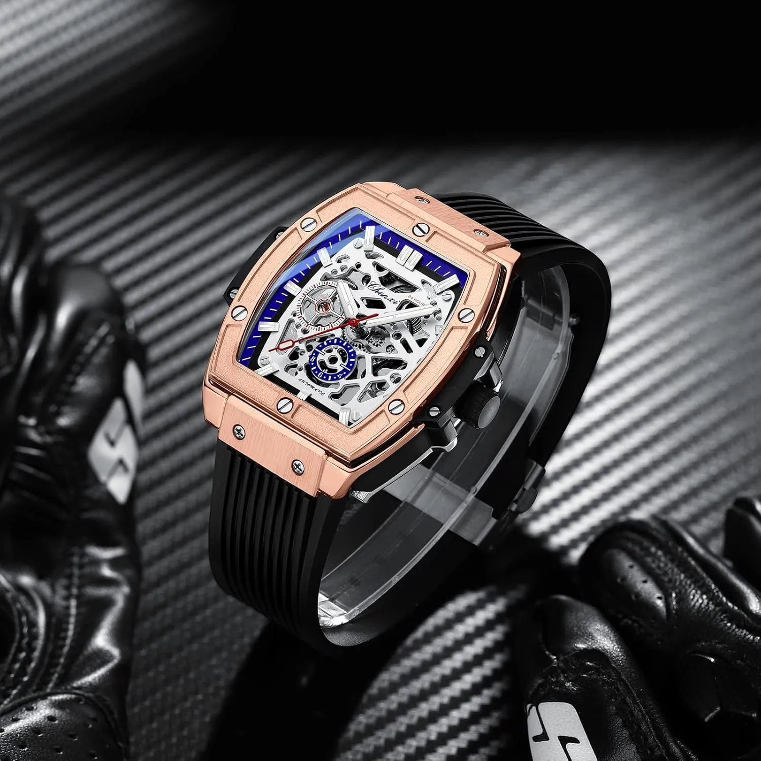 Business biodiversity experimental incomprehensible noise Dress Watch with Silicone Strap FANMIS Men's Luxury Skeleton Automatic Mechanical Wrist Watches Hollow Design Waterproof Luminous Watch Self-Winding 