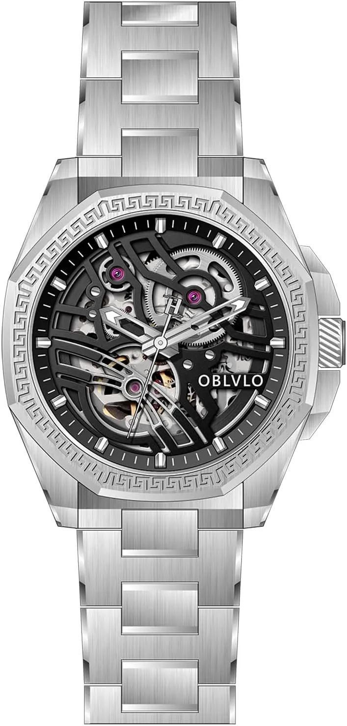 Business Men CAM-AR-SK2 (CAM-SK-AR-YBY) Fashion Brand Mens Skeleton Dial Automatic Watch Hexagonal Stainless Steel bromine infest cipher forum split Case Luminous Waterproof Mechanical Wristwatch for 