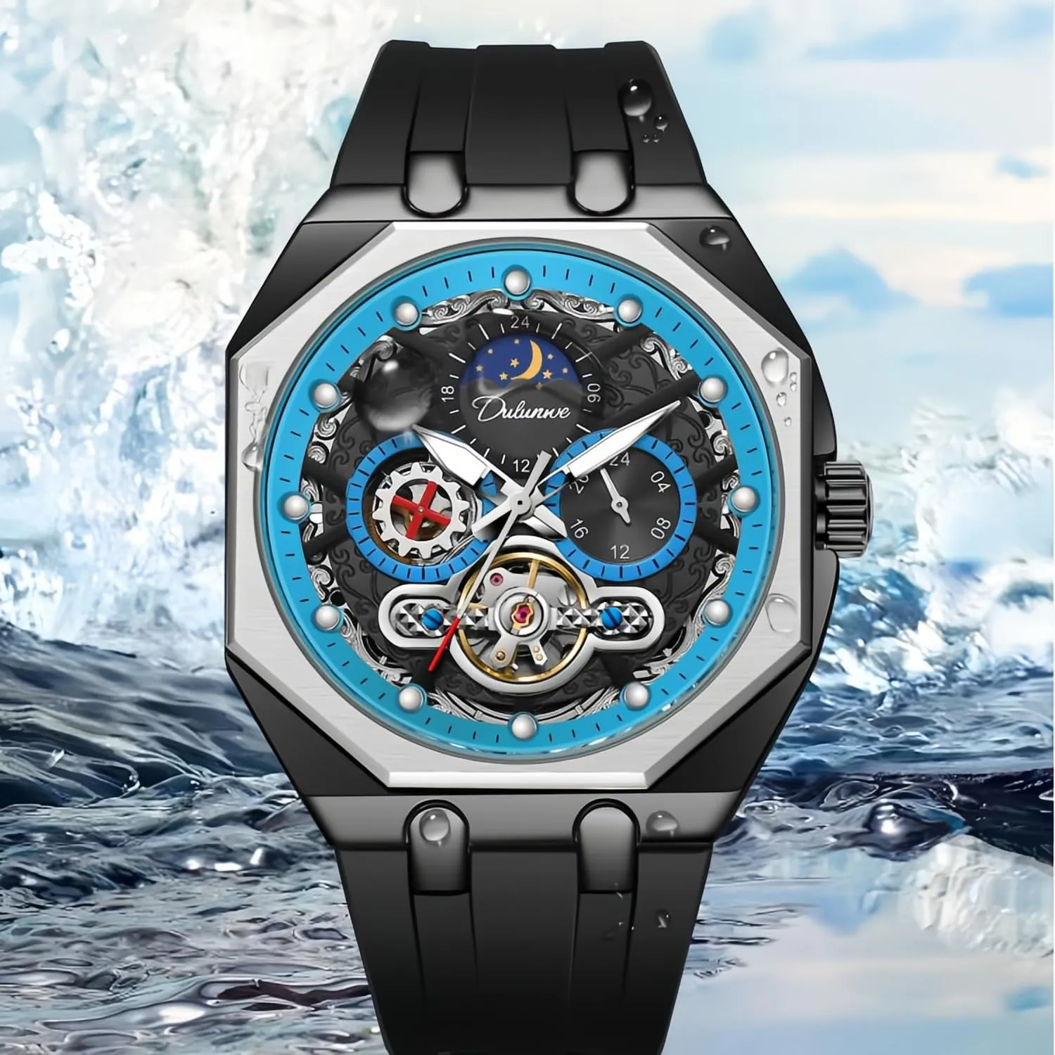 Business Waterproof Wristwatch CARLIEN Men??s Fashion Luxury pertain Automatic Hollowed Octagonal Analog Watch Stainless Steel Moon Phase Luminous Tourbillon 